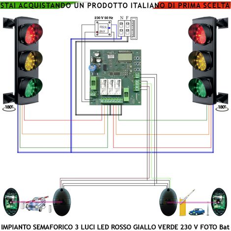 Impianto Semaforico 24 Led Rossi Gialli e Verdi 230 V 50 Hz 3 W CE IP65 Funzioni Controllate da 2 Coppie di Fotocellule TX Batteria Tempi Regolabili da 3 a 240" Ingresso Uscita Veicoli dal Condominio (1/4)