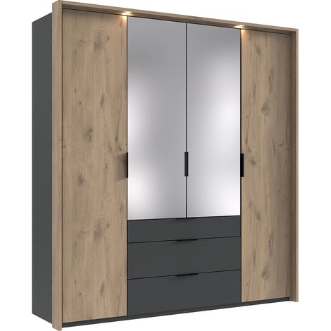Kleiderschrank 204 cm inkl Spiegel und Beleuchtung, Passepartoutrahmen in grau mit Eiche BIELLA-43 (1/5)
