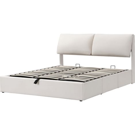 Hydraulisches Bett 160 x 200 cm aus beigem Samt mit Kopfteil und 3 Schubladen MODENUIT (1/5)