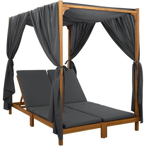 Un fauteuil lounge double avec auvent et rideaux, gris foncé. (1/5)