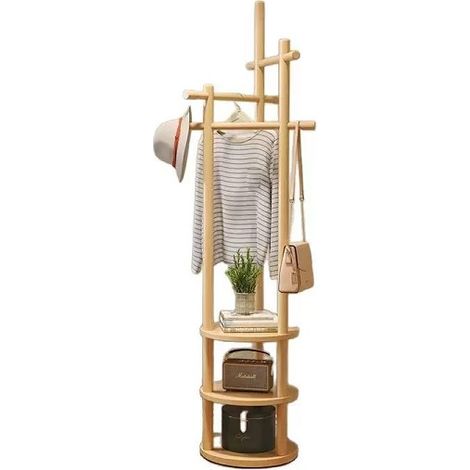 Hofuton Porte-manteaux rotatif en bois massif avec 3 étagères et 3 barres de support, pour vêtements et chapeaux, pour couloir et chambre à coucher, noyer (1/5)