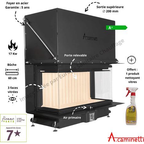 A Caminetti – Foyer bois Crystal 110 Max – Insert cheminée 13-18 kW – Rendement 88% – Diamètre évacuation 200 mm – Système vitre propre