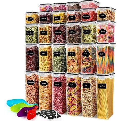 Set of 28 Airtight Food Containers with Labels for Pantry Organization Cereals Pasta Flour Sugar (1/4)