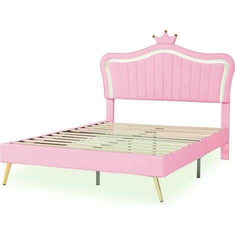 Lit enfant capitonné simili cuir rose 140x200 cm avec LED, tête de lit coquillage réglable et sommier à lattes (1/5)