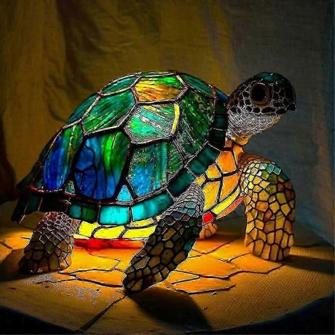 Vintage-Tischlampe aus getöntem Glas, Tiermotiv, warme Inneneinrichtung, farbenfroher Lampenschirm, einzigartiges Retro-Design für Wohn- oder Schlafzimmer. (1/5)