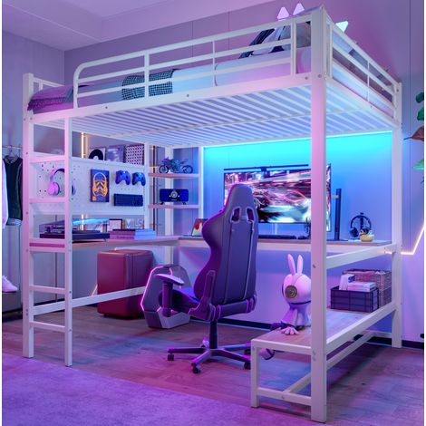 Letto rialzato adulti 140x200 cm con scrivania, scala, ripiani, pannello forato, illuminazione LED e porte USB-Type-C, senza materasso, bianco (1/5)