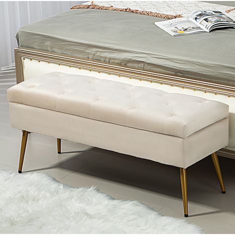 Panca contenitore imbottita con coperchio, effetto velluto, 102 x 35 x 43 cm, beige OKMYHOME (1/5)