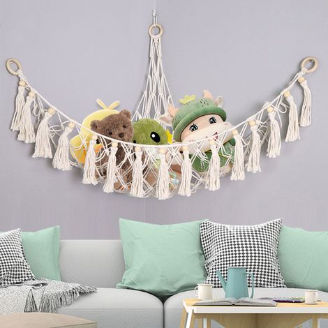 Hamac à jouets tissé avec pompon pour chambre d'enfant, filet de rangement pour peluches (1/5)