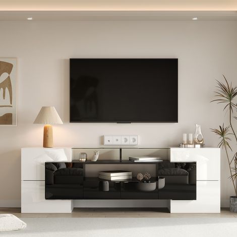 Meuble tv 200 cm blanc et noir brillant avec led et plateau en verre, design moderne pour salon (1/5)