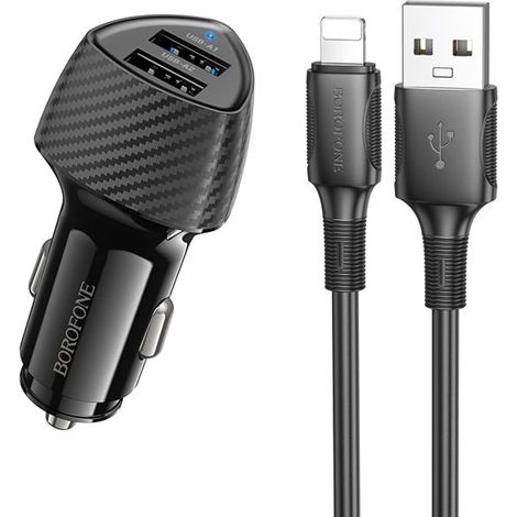 BOROFONE BZ31A Ensemble de chargeur de voiture USB solide à double port avec câble USB vers 8 broches (noir) (1/5)