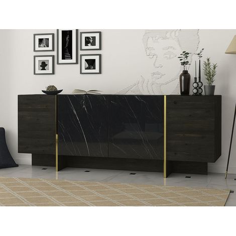 Dmora - Kommode Okul, Wohnzimmerbuffet, Wohnzimmer-Sideboard, Moderne Küchen-Speisekammer, 180x47h76 cm, Schwarz und Gold, mit verstärkter Verpackung (1/5)