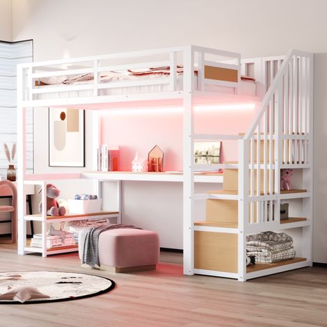Lit mezzanine métal 90×200,bande LED et douille,échelle rangement,étagères et table,clôture sécurité,structure fer stable,blanc