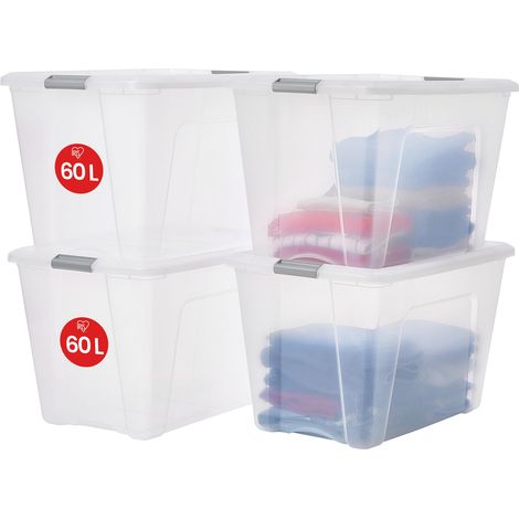 Boite Rangement Plastique avec Couvercle, 60L, Lot de 4, Argent, Clips de Fermeture, Poignée, Empilable, Organisation Solide et Durable, pour Chambre, Dressing, Bureau, NTB-60 (1/5)