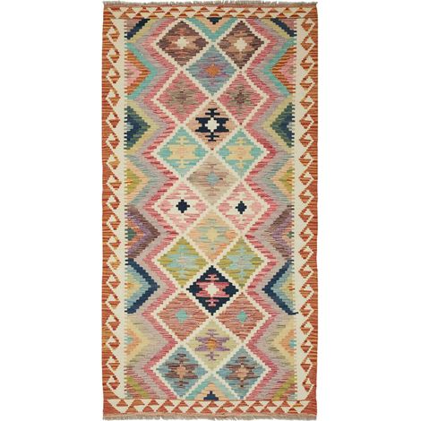 Tapis d'orient 101 x 202 cm, motif ethnique, multicolore, bleu et rouge, en laine, tissé plat artisanal (1/5)
