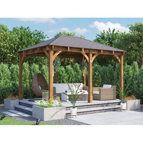 Dunster House Wooden Gazebo Leviathan 4m x 3m Permanent Heavy Duty Patio Shelter With Roof Shingles (1/5)