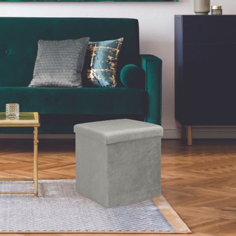 Pouf coffre pliant 38 cm en tissu velours gris