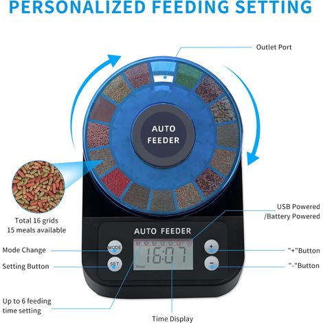 Mangiatoia automatica per pesci per acquario - Timer ricaricabile - con display LCD - 15 livelli di alimentazione con design resistente all'umidità (1/4)