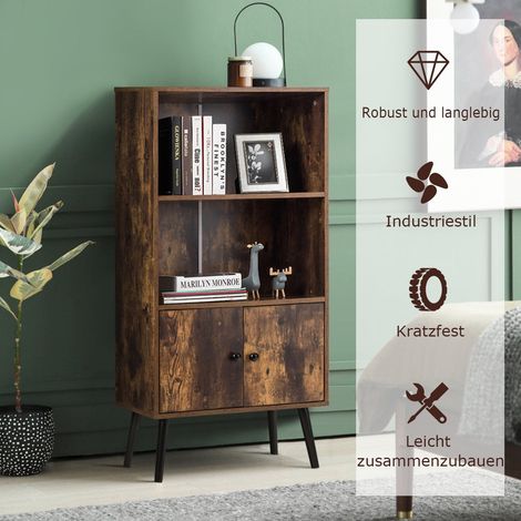 Vintage bookshelf with 3 shelves 2 doors solid wood legs