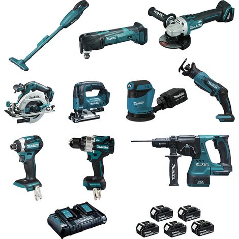 Set di 10 macchine 18V (DCL180 + DHP486 + DTD154 + DGA506 + DHS680 + DHR243 + DTM51 + DJR183 + DJV182 + DBO180) - MAKITA - con 5 batterie 18v 5Ah e Makpac- LOT0309