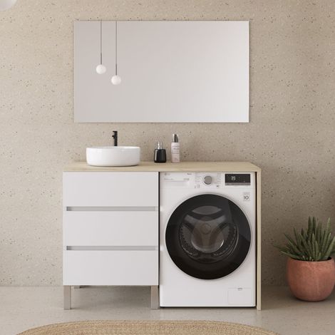 Meuble lave linge 124cm avec plateau nebraska et vasque ronde - 3 tiroirs - blanc/nebraska (chêne clair) - CRUZ (1/5)