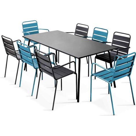 Ensemble table de jardin et 8 fauteuils en métal bleu pacific et gris - Palavas (1/5)