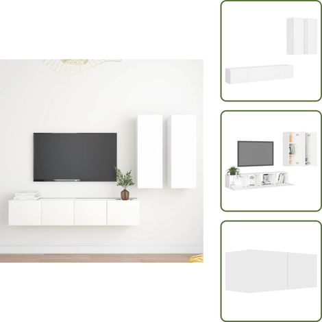 4-tlg. TV-Schrank-Set Weiß Holzwerkstoff - Hängender TV-Schrank - TV-Wandregal - Wohnzimmerschrank - Regal Weiß - Holzwerkstoff Möbel (1/5)