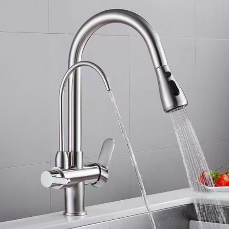 All-copper kitchen faucet, pull-out type, hot and cold drinking water, three-in-one faucet for sinks and vegetable washbasins – brushed copper body, one-button stop valve.