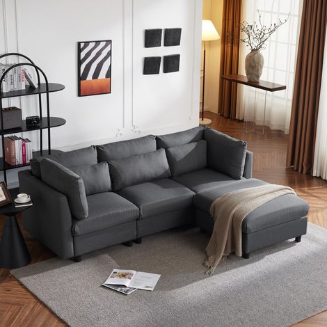 Canapé modulable 3 places 220 cm avec repose-pieds et coussins lombaires, canapé d’angle en L en tissu lin pour salon ou séjour (1/5)