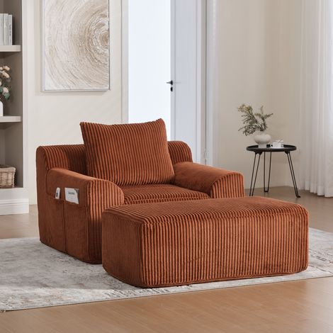 Fauteuil surdimensionné 147x110x67 cm orange en velours côtelé avec repose-pieds et poches latérales (1/5)