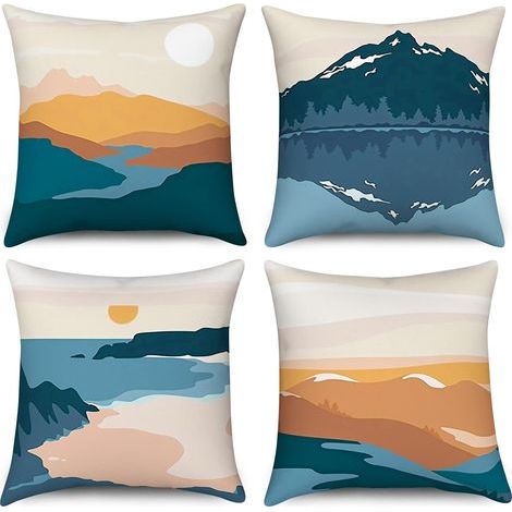 Housse de coussin Boho 50x50 Set de 4, Abstrait Montagne Coucher de soleil Lever de soleil Taie d'oreiller décorative Mid Century Moderne Nature Paysage Art Lin Taie d'oreiller pour Home Decor (1/5)