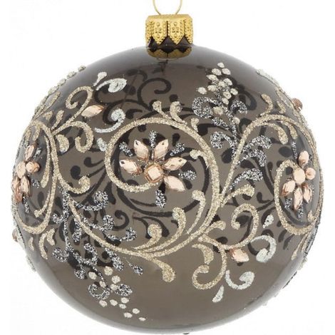 Pallina per decorazione natalizia in vetro grigio semi-trasparente con motivi floreali da 10 cm (1/4)