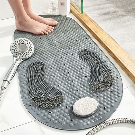 Tapis Antiderapant Douche avec Pierre Ponce Amovible, Tapis de Douche Gros avec Ventouses et Trous de Vidange, Tapis pour Baignoire pour Salle de Bain de Massage Sol 80x40cm(Gris (1/5)