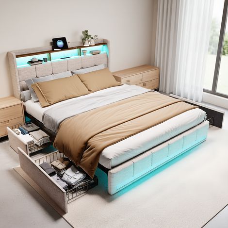 Polsterbett Doppelbett 140x190 cm, mit LED-Beleuchtung und USB-Ladestation, Modernes Jugendbett mit Kopfteil und Lattenrost, Leinen Beige, Ohne Matratze