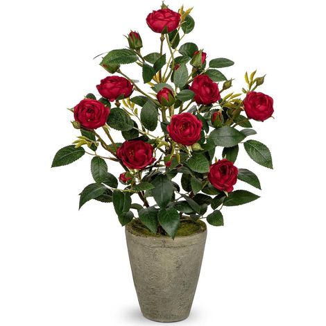 Kunstrosen Rosenbusch 38 cm Zememttopf rot Deko Dunkelrot (1/5)