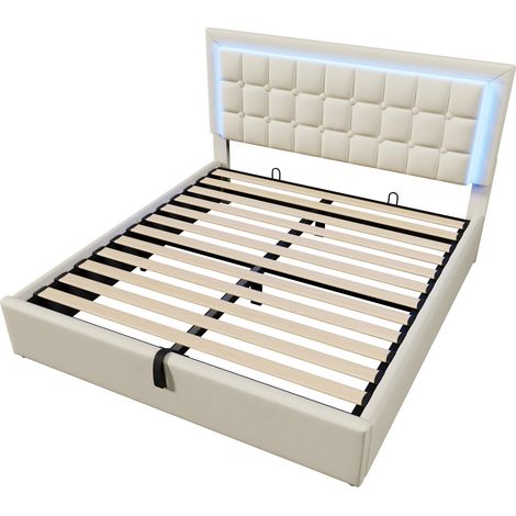 Cama canapé 160x200 cm de PU blanco con LED y colchón (1/5)