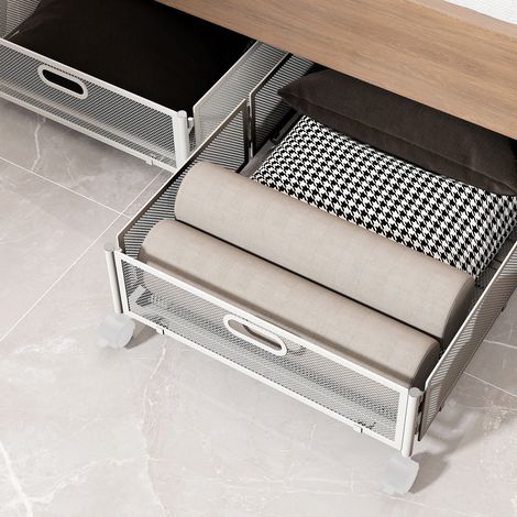 Rangement Sous Lit Pliable avec Roulettes, Tiroir Étagère en Métal, Boite Rangement Lit, Organisateur polyvalent pour pour jouets, vêtements, etc. (blanc) (1/4)