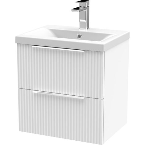 Contemporary Fluted Front Wall Hung 2-Drawer Bathroom Vanity Unit and Mid-Edge Basin, 500mm, Satin White (1/5)