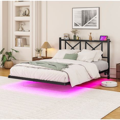 Cama doble con LED y carga flotante negra OKMYHOME (1/5)