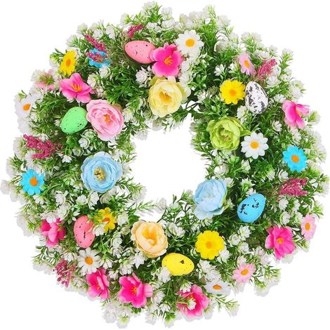 Corona di Pasqua con Uova Colorate e Fiori – Corona artificiale da 45 cm per porta, parete, finestra e decorazione festiva (1/5)