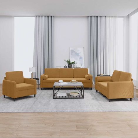 3-tlg. Sofagarnitur mit Kissen Braun Samt (1/5)