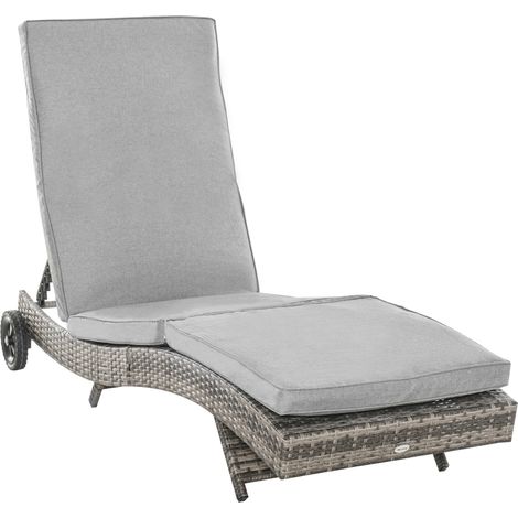 Gartenbett aus grauem Polyrattan mit Kissen, 5-fach verstellbare Chaiselongue, S-förmiger Loungesessel, Gartenmöbel aus Metall, 207 x 70 x 70 cm