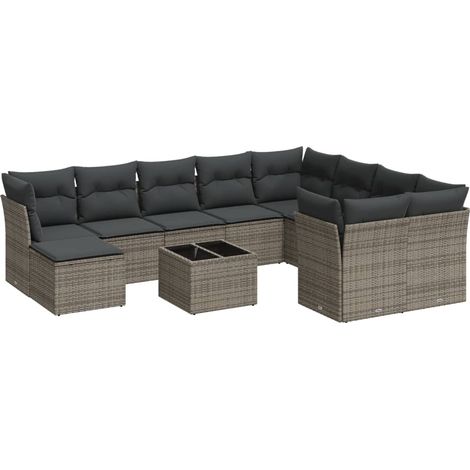 Set de sofás de jardín 11 pzas y cojines ratán sintético gris vidaXL (1/5)