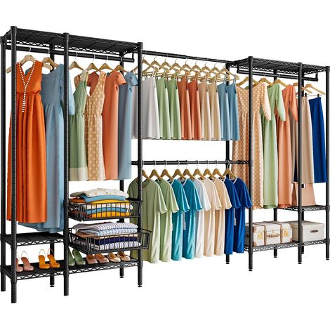 Extendable Clothes Rail with Sliding Basket, Adjustable Metal Coat Rack with Shoe Shelves, Max Load 500kg, 248-293x39x192 cm (Black) (1/5)