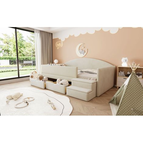 Lit-coeur en velours beige, 90x190cm, canapé-lit multifonction avec 2 tiroirs, barrières et marches, sans matelas (1/5)