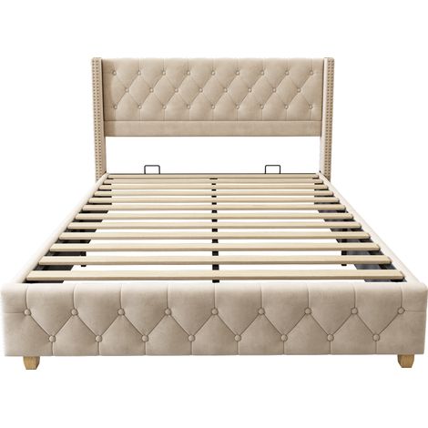 CAIziLit rembourré 160x200 cm en velours beige clair avec tête capitonnée (1/5)