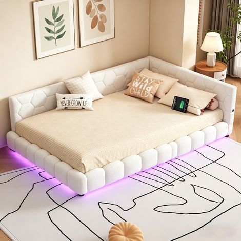 VASIEN – Canapé-lit 140x200 cm,Lit 140x200 avec sommier,lit 2 personnes,lit de jour avec LED et USB,lit double rembourré avec sommier à lattes en bois,pour chambres,salons,Laine d'agneau Blanc (1/5)