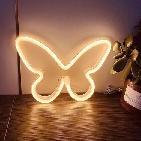 Alimenté par USB ou 3 piles AAPanneau néon papillon blanc chaud pour mur, bureau, appartement, appartement, dortoir, mariage, décoration de fête de Noël, panneau LED papillon néon, veilleuse (1/5)
