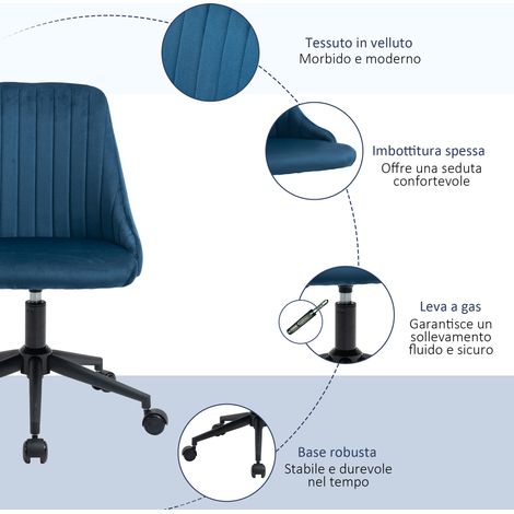 Fauteuil ergonomique bleu velours, pivotant 360° sur roulettes, assise 50x58cm, réglable en hauteur 77-87cm (1/5)