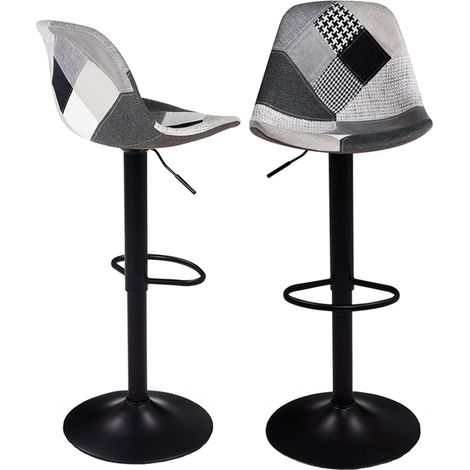 Idmarket – Lot de 2 tabourets de bar réglables 57-79 cm – Assise en polyester patchwork noir, gris et blanc – Pied en métal noir – Socle rond 39 cm