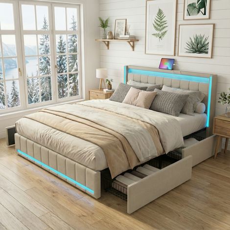 Letto 160x200 per adulti, 4 cassetti, illuminazione LED, letto matrimoniale capitonné con testiera dotata di porte USB/Type-C, tessuto di lino, stile moderno/scandinavo(160x200cm, Beige) (1/5)